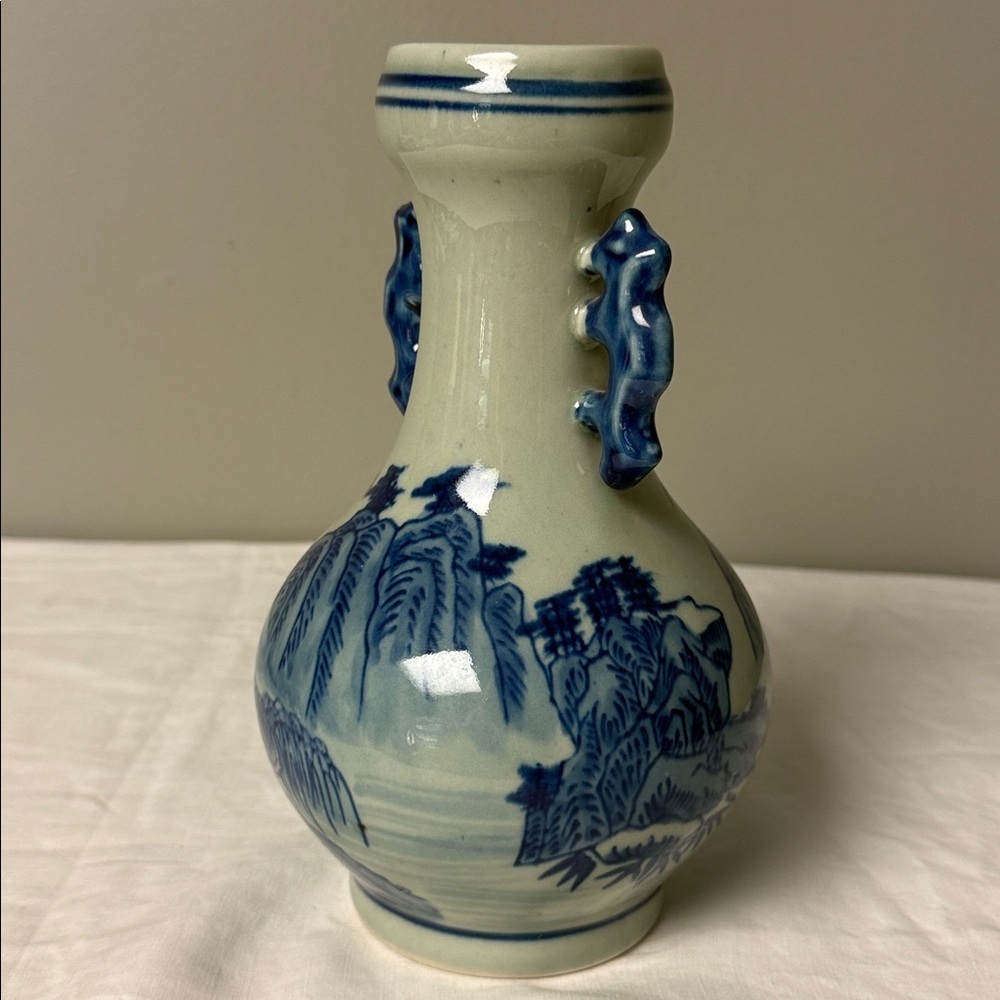 Blue & White Ceramic Landscape Vase Decorative Handles 8.25in - Picture 4 of 7